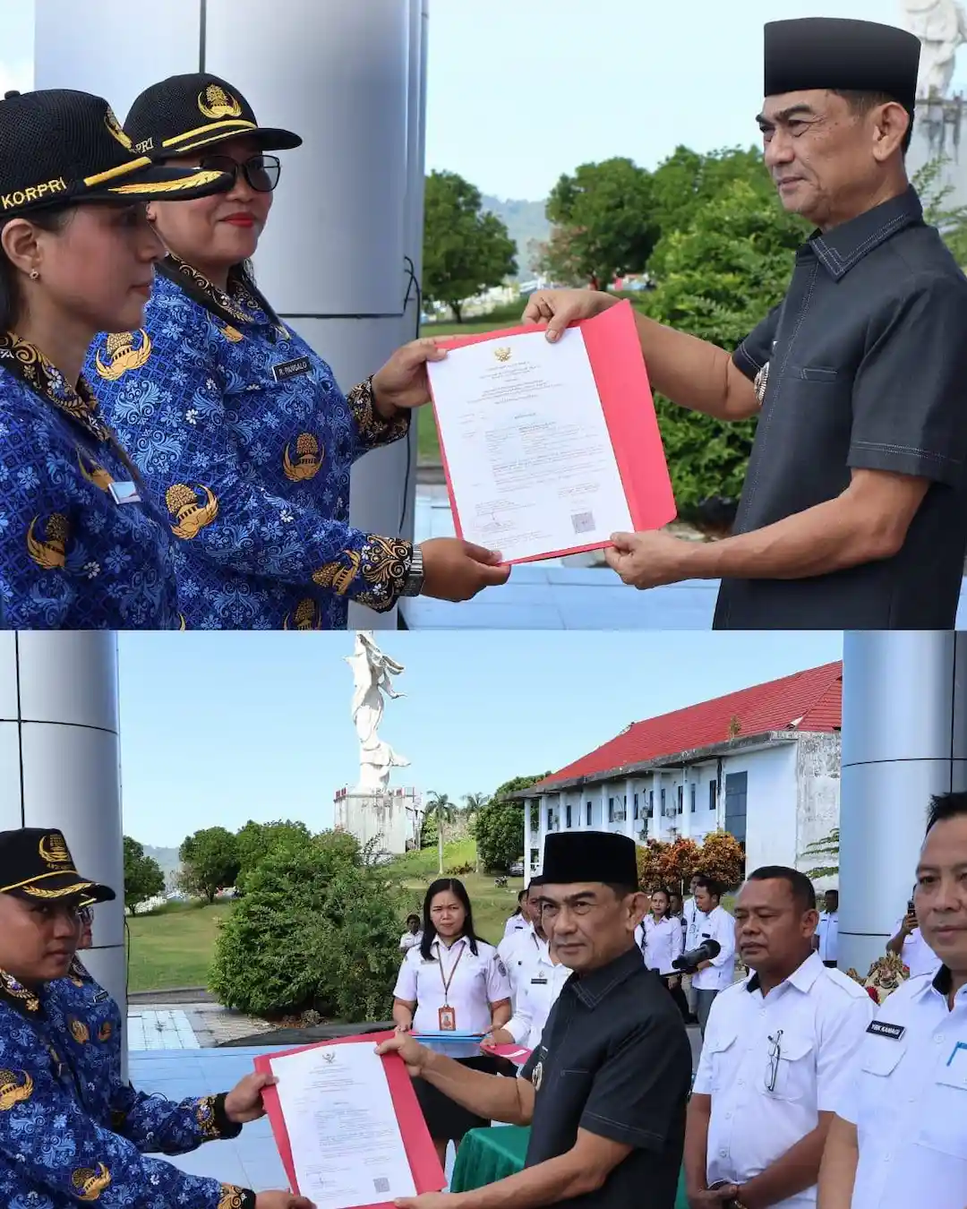 Bupati Kepulauan Talaud Welly Titah menyerahkan SK PPPK paruh waktu secara simbolis di halaman Kantor Bupati sulutviral.info