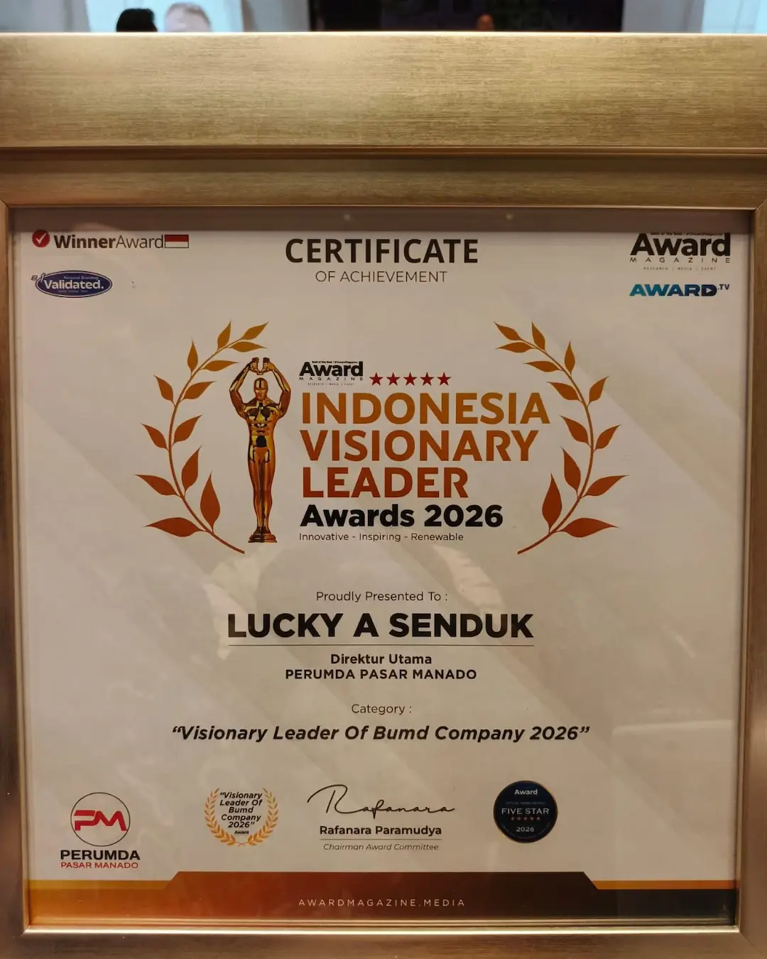 Lucky A Senduk sertifikat Indonesia Visionary Leader Awards 2026 sulutviral.info