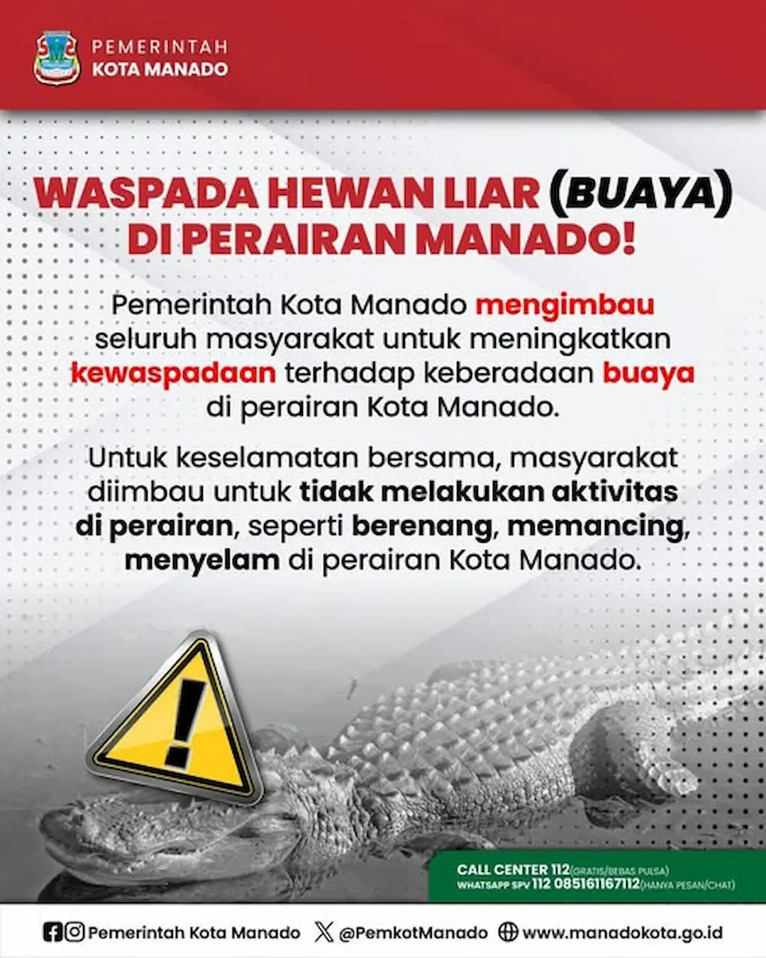 Poster imbauan Pemkot Manado tentang kewaspadaan buaya di perairan Kota Manado sulutviral.info